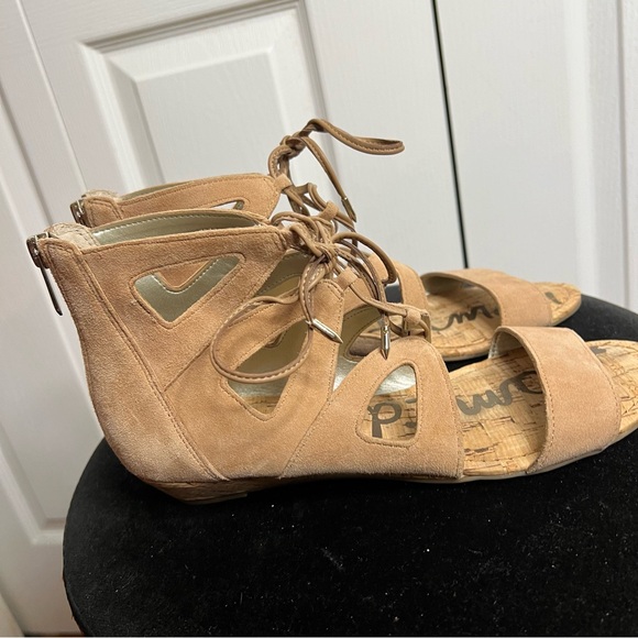 Sam Edelman Dean Beige Suede Demi Wedge Caged Sandal SZ 8 Cork Strappy - Picture 4 of 13